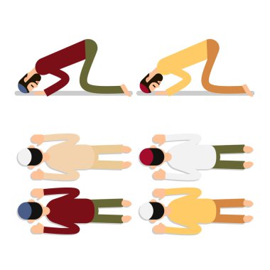 Müslüman duası. Farklı takım elbiseli, geleneksel giysili Müslüman erkekleri oturtup dua ediyorlar. Diz çökmüş erkeklerin müslüman dualarının icrası. Düz bir tasvir. İzole edilmiş