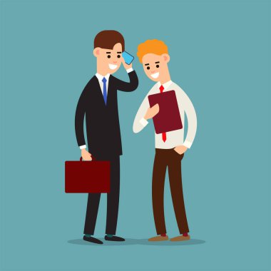 İş iletişimi. Sunum işleri ve bağlantı. İş yerinde telefon kullanmak. Ofiste çalışan iki iş adamı. Çizgi film illüstrasyonu düz arkaplanda izole edildi