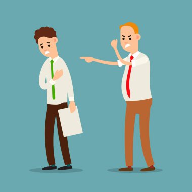 Patron ve çalışan. Yönetici şefi ofis çalışanına kızgın. Adama bağırıyor. İşverenin çalışana cezası. Resmi kınama belgesi olan kişiye. Görüntü düz bir şekilde izole edildi.