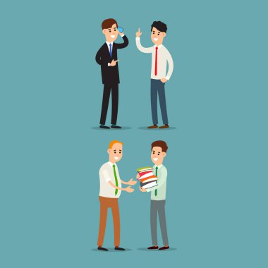 İş adamı iletişimi. İşadamı kağıt arşivini bir çalışana aktarıyor. İş adamı telefonda konuşuyordu. Ofiste çalışan iki iş adamı. Düz çizim arka planda izole edildi.