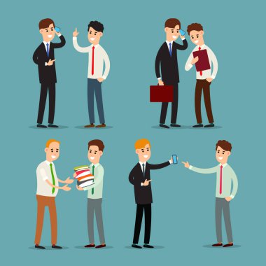 İş adamı konuşuyor. Ofiste çalışan genç iş adamları. Bir meslektaşımla telefon görüşmesi. Belgelerle çalış. Başarılı gülümseyen meslektaşlarım. Görüntü düzlemde izole edildi