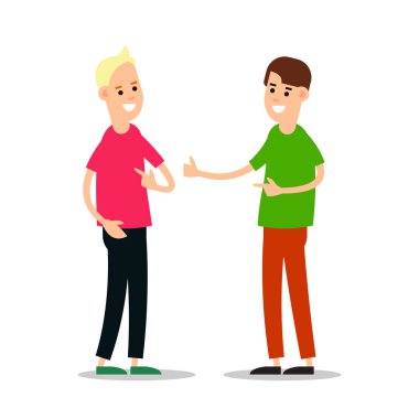 Genç adam ayakta duruyor ve birbirini selamlıyor. Bir grup genç insan. Çeşitli pozlardaki komik karikatürcü çocuk. Çizgi film çizimi düz arkaplanda izole edildi.
