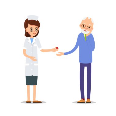 Hemşire ve hasta. Yaşlı insanlar, bir doktor ve hemşirenin yanında duran kadın ve erkek. Baş ağrısı olan yaşlı bir kadın. Düz arkaplanda izole edilmiş insanların canlandırması