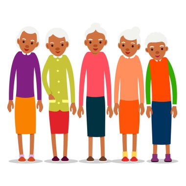 Yaşlı Afrikalı kadınları gruplara ayır, her amaçla tasarla. Kıdemli siyahi Amerikalılar gülümsüyor. Emeklilik yaşı. Mutlu çekici yaşam tarzı. Kadın sembolü. Çizgi film çizimi düz arkaplanda izole edildi
