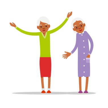 Her amaçla tasarlanmış iki yaşlı Afrikalı kadın. Yaşlı çift gülümsüyor. Emeklilik yaşı. Mutlu çekici yaşam tarzı. Kadın sembolü. Çizgi film çizimi düz arkaplanda izole edildi