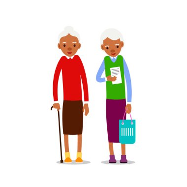 Her amaçla tasarlanmış iki yaşlı Afrikalı kadın. Yaşlı çift gülümsüyor. Emeklilik yaşı. Mutlu çekici yaşam tarzı. Kadın sembolü. Çizgi film çizimi düz arkaplanda izole edildi