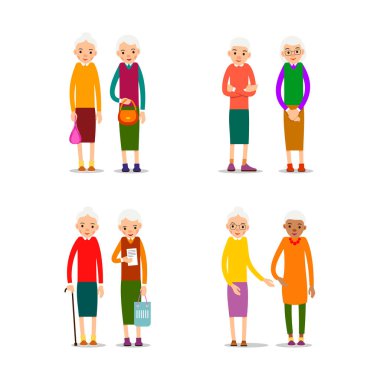 Yaşlı kadınlar. Mutlu emeklilik hayatı. Gülümseyen yaşlı bir çift. Beyaz bir kadınla sağlıklı bir yaşam tarzı için güzel bir set. Beyaz arkaplanda düz bir şekilde izole edilmiş insanlar