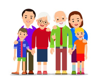 Mutlu bir aile. Birlikte vakit geçirin. Büyükbaba, büyükanne, oğul, kız, torun ve torun sarılıyor. İzole edilmiş arka plan. Düz dizayn. Çizgi film çizimi izole edilmiş beyaz arkaplan