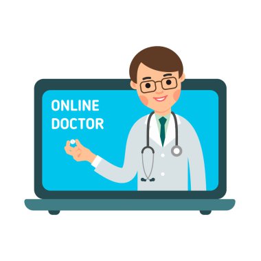 Erkek doktor hatta. Ekran defterindeki danışman. İlaç ticareti uygulaması. Tıbbi yardım, yardım, destek ağı. Beyaz arkaplanda düz bir şekilde izole edilmiş illüstrasyon. Modern danışmanlık hizmeti.