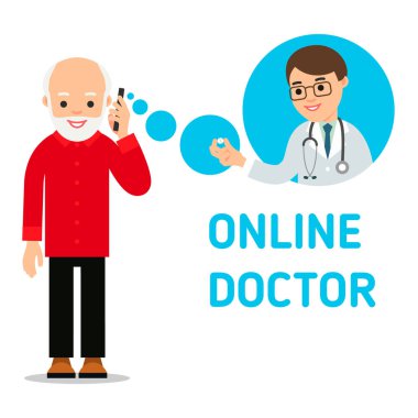 Yaşlı bir adam bir doktor çağırır. Genç bir doktor hastaya telefonda ilacı tavsiye eder. Sağlık ve modern iletişim teknolojisi kavramı. Beyaz arkaplanda düz resimleme.