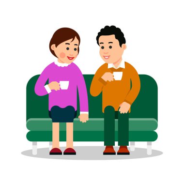 Kahve içen çift. Ellerinde içkiler olan kız ve erkek. Çekici bir kadın ve sıcak içeceği olan bir erkek. Aşk, romantizm, flört. Çizgi film çizimi düz arkaplanda izole edildi