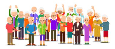 Yaşlılar grubu. Yaşlı erkek ve kadınların kalabalığı. Neşeli son sınıf öğrencileri dışarıda. Mutlu çift birlikte seyahat eder. Gülümseyen Kafkasyalı emekliler. Görüntü düz arkaplanda izole edildi.
