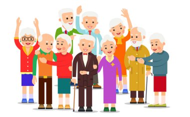 Yaşlılar grubu. Yaşlı erkek ve kadınların kalabalığı. Neşeli son sınıf öğrencileri dışarıda. Mutlu çift birlikte seyahat eder. Gülümseyen Kafkasyalı emekliler. Görüntü düz arkaplanda izole edildi.