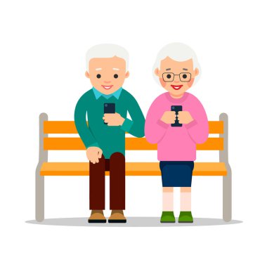 Telefondaki yaşlı insanlar. Birkaç yaşlı emekli parkta bir bankta oturuyorlar. Yaşlanmış insanlar telefonlarını kullanarak arkadaşlarıyla ya da aile üyeleriyle sohbet ederler. Emeklilik konsepti. Düz Çizim izole edildi.