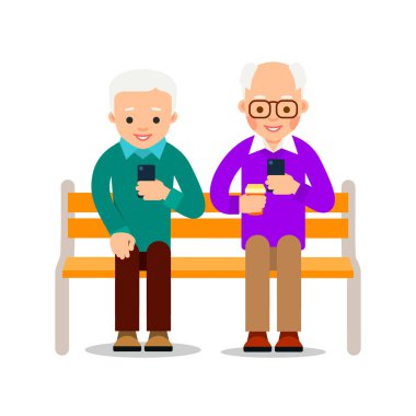 Telefonu olan yaşlı adamlar. Büyükbaba ve yaşlı adam bankta oturuyor ve akıllı telefondan mesajları okuyorlar. Mutlu emeklilik. Çizgi film çizimi düz arkaplanda izole edildi