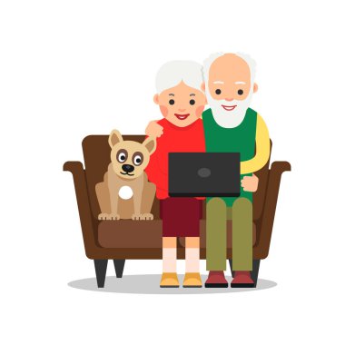 İnternette son sınıf öğrencisi. Yaşlı bir çift, büyükanne ve büyükbaba kanepede oturur ve internette dizüstü bilgisayar kullanarak haberleri izlerler. Yakınlarda bir köpek yatıyor ve ekrandaki cihaza bakıyor. Çizgi film çizimi düz biçimde izole edildi