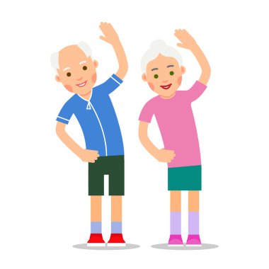 Egzersiz yapan yaşlı insanlar. Yaşlı çift, jimnastik ve spor. Aktif, sağlıklı, yaşlı insanlar. Büyükanne ve büyükbaba sabah egzersizi yapıyor. Çizgi film çizimi düz arkaplanda izole edildi
