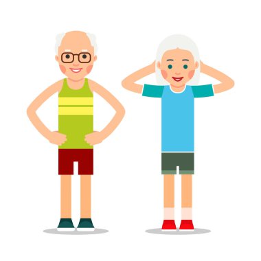 Egzersiz yapan yaşlı insanlar. Yaşlı bir çift ve jimnastik. Son sınıflar sabah egzersizi yapıyor. Büyükbaba ve Spor. Çizgi film çizimi düz arkaplanda izole edildi