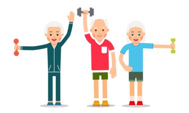 Yaşlı insanlar dambıllarla egzersiz yapıyorlar. Grup emeklileri ve jimnastikçiler. Son sınıflar sabah egzersizi yapıyor. Büyükbaba ve Spor. Çizgi film çizimi düz arkaplanda izole edildi