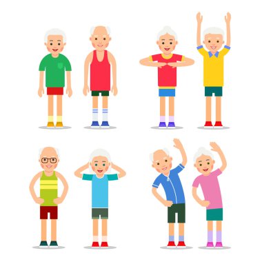 Aktif son sınıflar. Spor salonundaki yaşlı erkekler ve kadınlar farklı pozlarda. Mutlu aktif yaşlı çift. Yaşlılar için sağlıklı bir yaşam tarzı. Düz arkaplanda izole edilmiş karakterlerin canlandırması