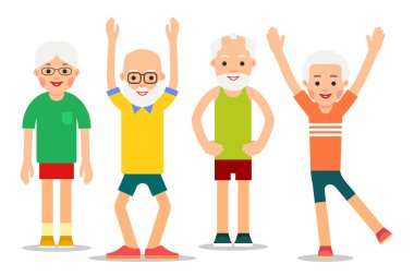 Bir grup yaşlı insan jimnastik yapıyor. Yaşlı erkekler ve kadınlar farklı pozlarda. Spor faaliyetlerinde olan birkaç emekli. Düz bir şekilde izole edilmiş insanların canlandırması.