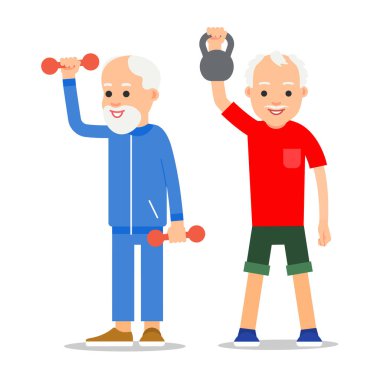 Yaşlı erkekler ağırlık kaldırmak için egzersiz yaparlar. Çeşitli pozlardaki yetişkin insanlar ellerinde halterlerle dururlar. Fiziksel egzersizler, antrenmanlar, spor, sağlıklı yaşam tarzı. Düz biçim illüstrasyonu