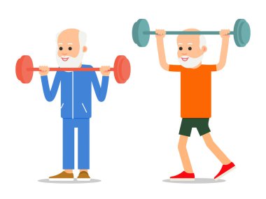 Yaşlı erkekler halter kaldırma egzersizleri yaparlar. Yetişkin insanlar çeşitli pozlarda ağırlık kaldırıyorlar. Fiziksel egzersizler, antrenmanlar, spor, sağlıklı yaşam tarzı. Düz biçim illüstrasyonu