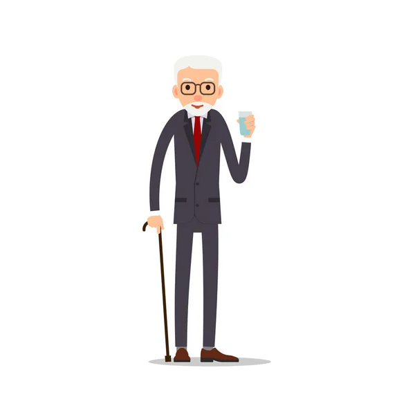 Viejo Anciano Pie Sosteniendo Vaso Agua Una Bebida Mano Ilustración — Vector de stock