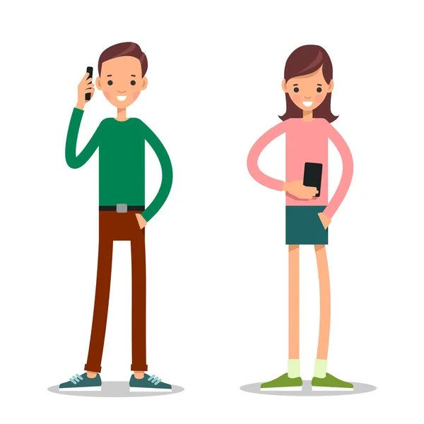 Boy Girl Mobile Phone Young Man Stands Talks His Mobile — Stock Vector