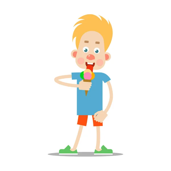 Αγόρι Τρώει Παγωτό Εικονογράφηση Επίπεδο Στυλ Μεμονωμένα — Διανυσματικό Αρχείο