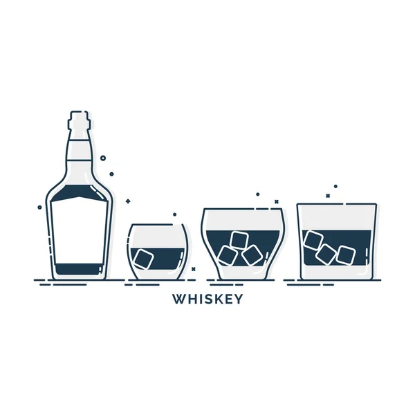 Bouteille Verre Whiskey Line Art Dans Style Plat Restaurant Illustration — Image vectorielle