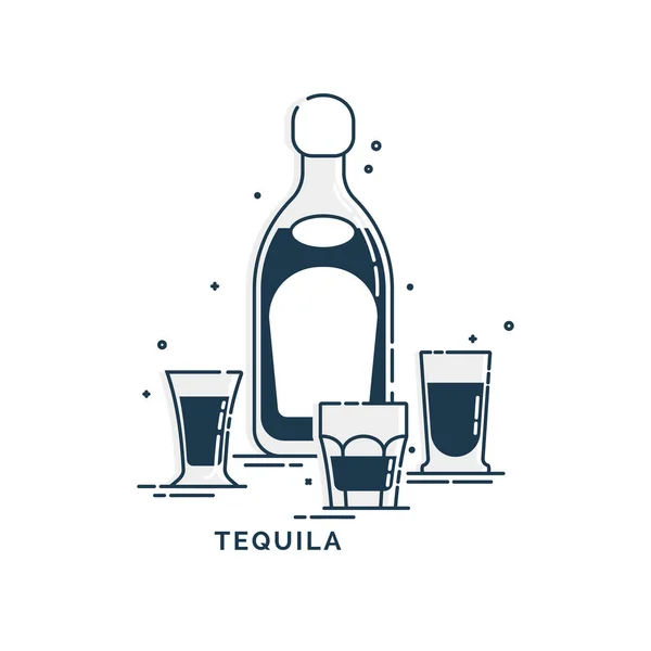 Butelka Grupa Różnych Tequila Szkła Linii Sztuki Stylu Płaskim Restauracja — Wektor stockowy