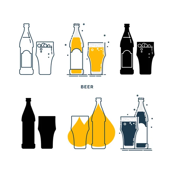 Set Bottles Glasses Beer Different Styles Template Alcohol Beverage Restaurant — Stock Vector