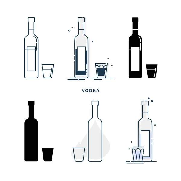 Conjunto Garrafas Copos Com Vodka Diferentes Estilos Bebida Alcoólica Modelo —  Vetores de Stock