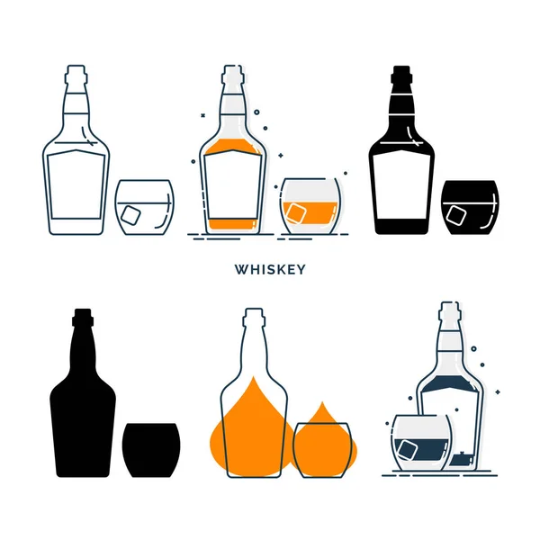 Set Botellas Vasos Con Whisky Diferentes Estilos Plantilla Bebidas Alcohólicas — Vector de stock