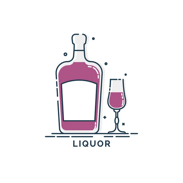 Sztuka Linii Butelki Likieru Szklanego Płaskim Stylu Restauracja Alkoholowa Ilustracja — Wektor stockowy