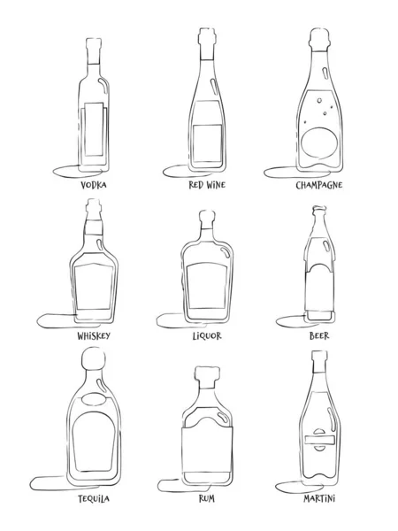 Conjunto Botellas Mano Dibujar Bebidas Alcohólicas Sobre Fondo Blanco Bebida — Archivo Imágenes Vectoriales