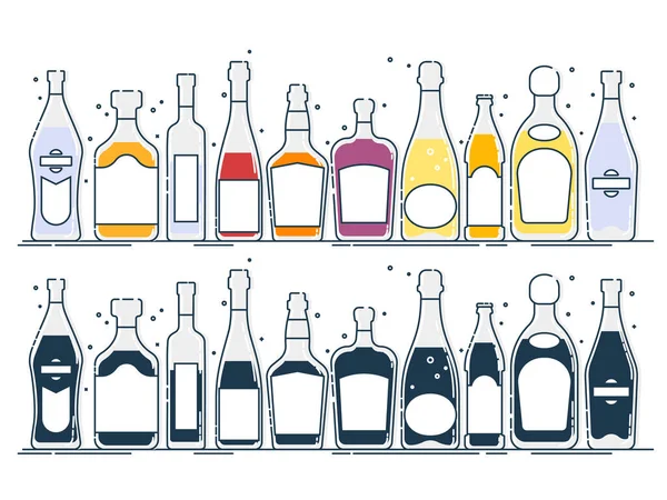 Colección Bebidas Alcohólicas Botella Contenedor Alcohol Fila Ilustración Aislada Estilo — Vector de stock