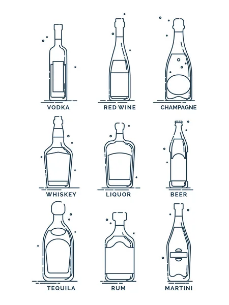Alkollü içkiler. İçki imzalı alkol şişeleri var. Beyaz arka plan. Görüntü izole edildi. Ana hatları düz. Bira, şampanya, şarap, içki, votka, martini, rom, tekila.