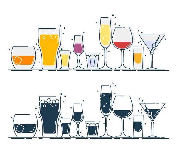 Verrerie Collection Boissons Alcoolisées Alcool Verre Debout Rangée Illustration Isolée — Image vectorielle