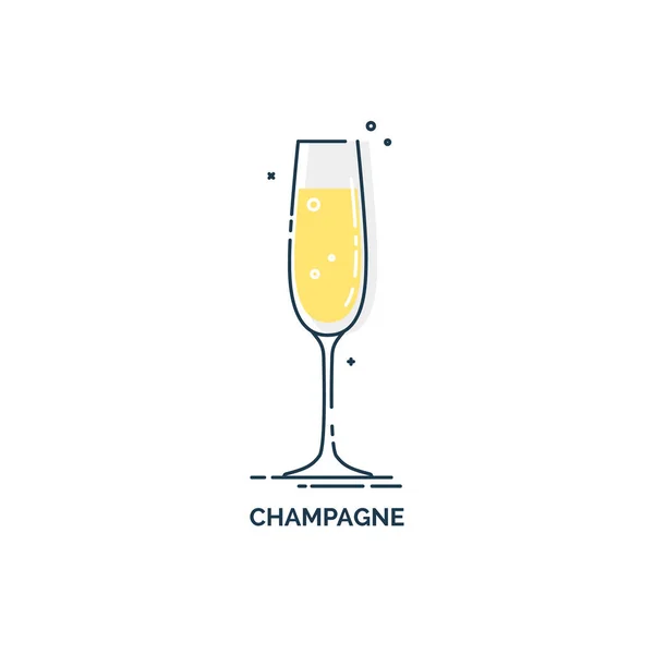 Glas Champagner Linie Kunst Flachem Stil Restaurant Alkoholische Illustration Für — Stockvektor