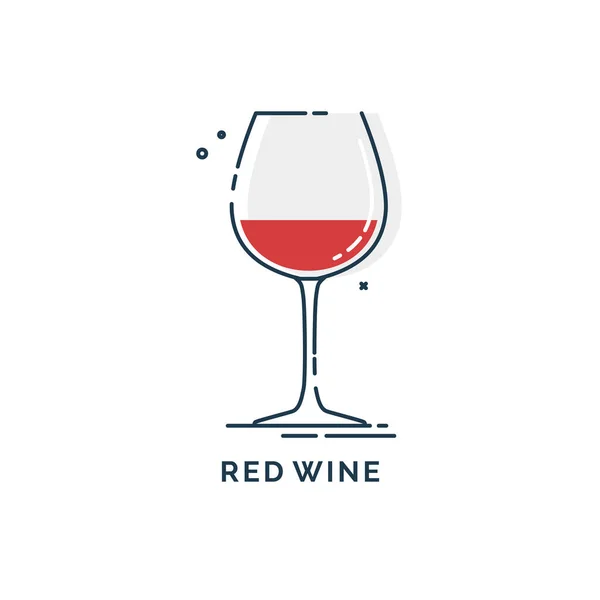 フラットスタイルのガラス赤ワインラインアート お祝いのデザインのためのレストランアルコールイラスト 設計輪郭要素 飲料概要アイコン グラフィックスタイルの白地に隔離された — ストックベクタ