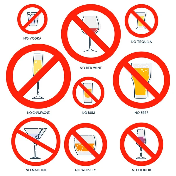 Verbod Alcohol Teken Geen Glas Wodka Rode Wijn Champagne Whisky — Stockvector