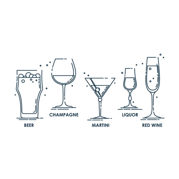 Glas Champagne Martini Sprit Rött Vin Linje Konst Platt Stil — Stock vektor