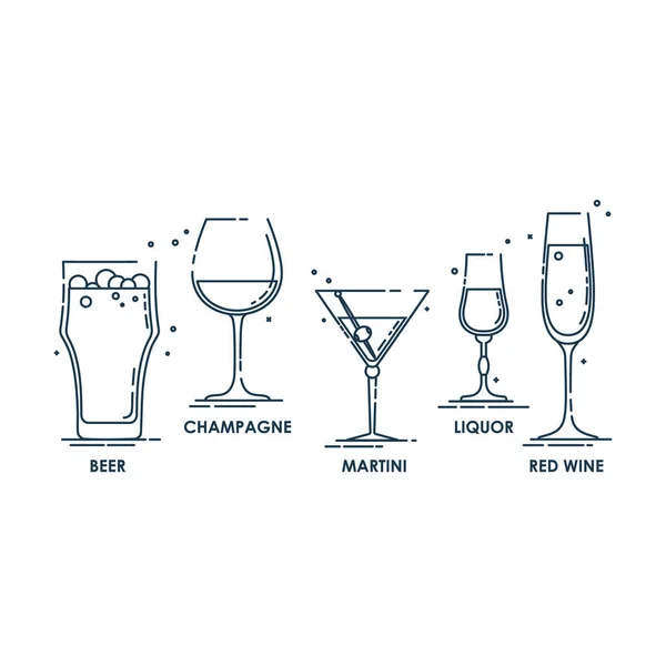 Cam bira şampanya martini likör kırmızı şarap hattı sanatı düz stil. Kutlama tasarımı için restoran alkolik illüstrasyonu. Tasarım kontur elemanı. İçecek taslak simgesi. Grafik biçiminde beyaz arkaplanda izole