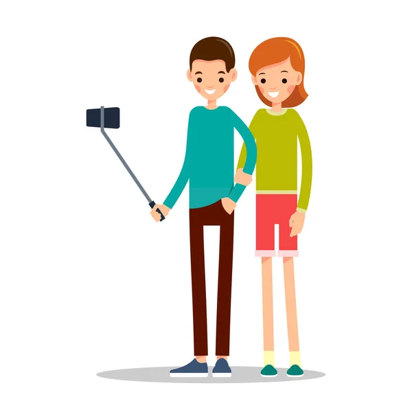 Hombre Mujer Hacen Selfie Los Amigos Hacen Fotos Autorretratos Feliz — Vector de stock