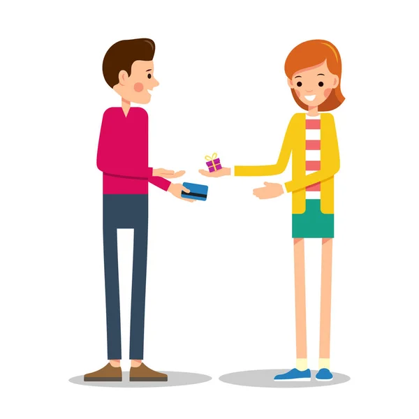 年轻的女售货员用节日礼品包装送礼 这个年轻人想用信用卡支付货款 图解为平面样式 隔离的 — 图库矢量图片