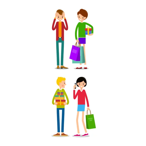 女人和男人都带着购物袋年轻人拿着购物袋站在那里 在白色背景上以扁平风格孤立的示例 — 图库矢量图片