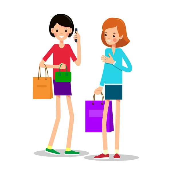 两个拿购物袋的小女孩一个两手都拿着包裹的女孩拿着电话聊天 另一个带着礼物的女孩站在她旁边 向她的女朋友做手势 图解为平面样式 隔离的 — 图库矢量图片