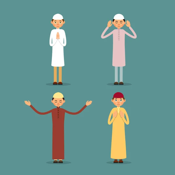 穆斯林祈祷 让穆斯林或阿拉伯人站起来祈祷 由高举双手的男人进行的穆斯林祈祷 具有扁平背景的伊斯兰代表的孤立特征 — 图库矢量图片